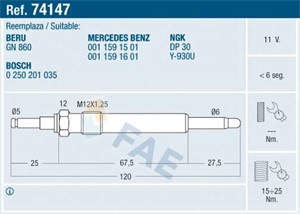 Glødeplugg, MERCEDES-BENZ C-KLASS [W202], C-KLASS T-Model [S202], E-KLASS [W124, W210], E-KLASS T-Model [S124, S210], 001 159 15 01, 001