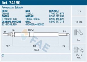 Glødeplugg, NISSAN,OPEL,RENAULT,VAUXHALL, 11065-00Q0A, 4430069, 4430920, 4506155, 77 00 103 674, 82 00 012 099, 82 00 445 627, 82 00 517